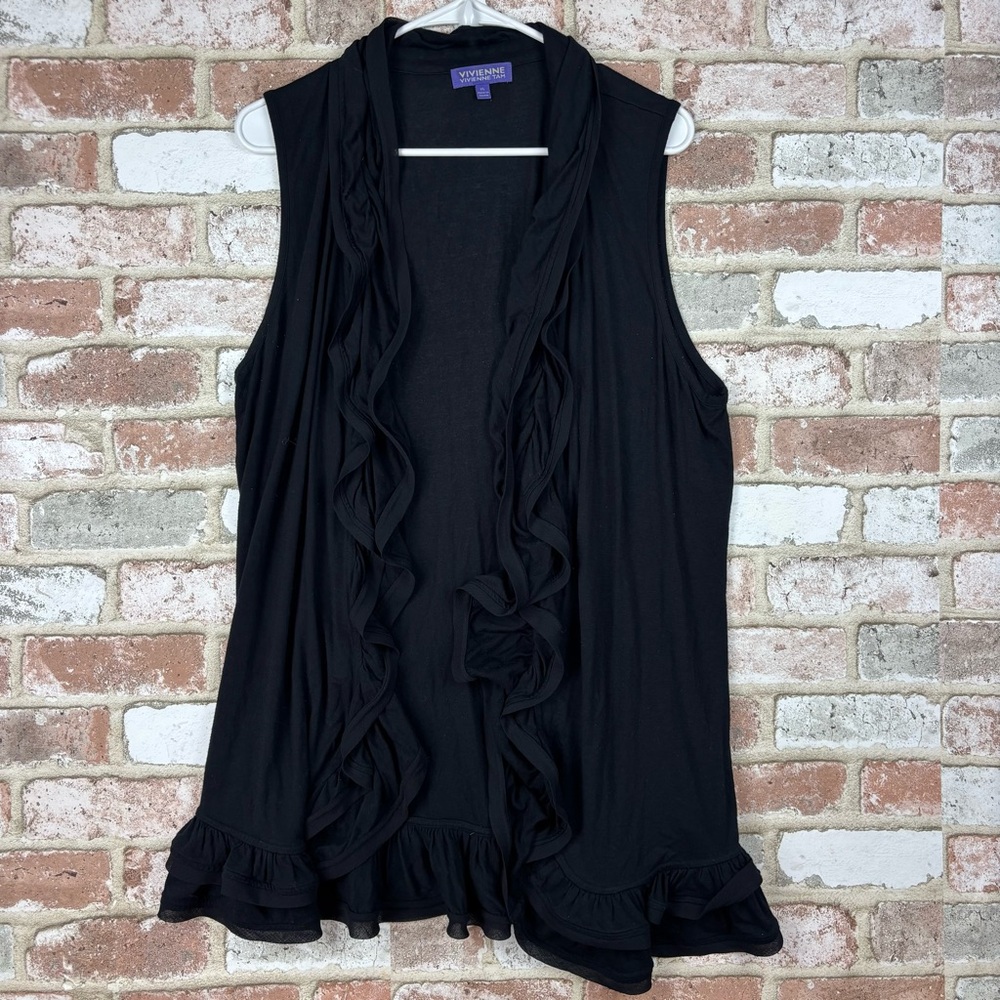 Vivienne Tam Black short sleeve ruffle cardigan open front XL